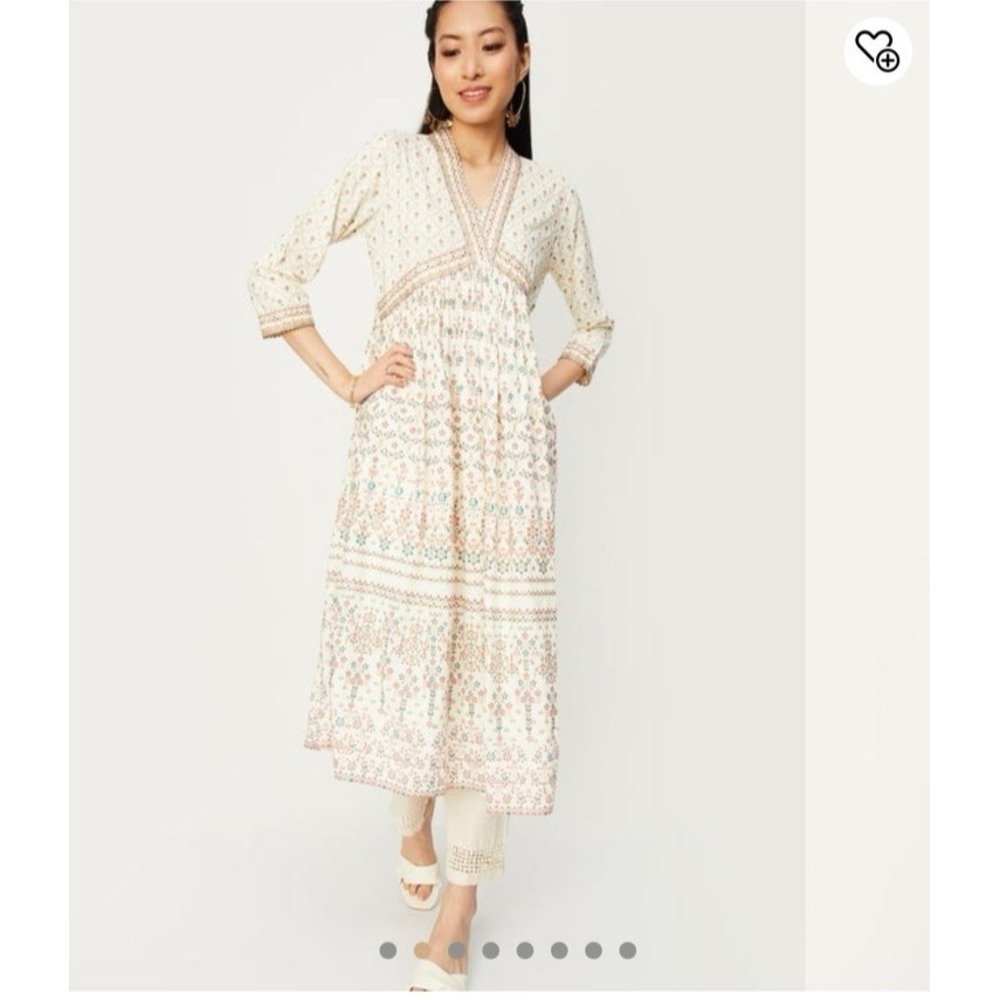 Max Women's Kurta White Sz L Empire Waist Long Dress Floral Pattern Boho Indian